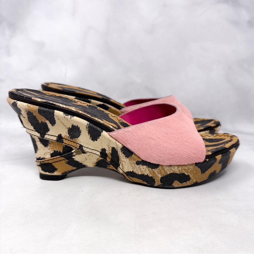 CASADEI Pink Calf Hair Leopard Print Denim Jean Mule Platform Wedge Sandals 6.5 - Picture 3 of 15